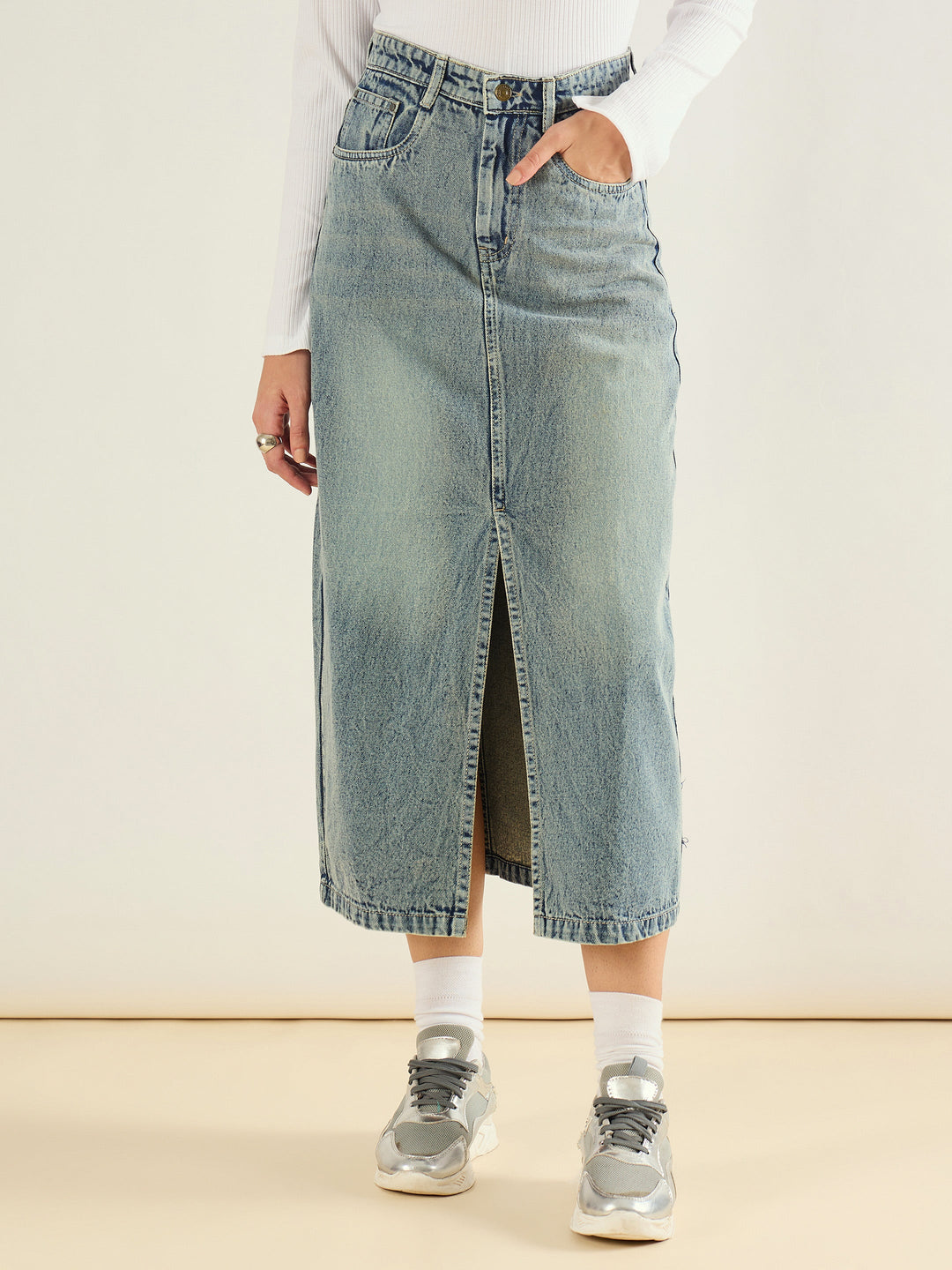 Women Faded Blue Denim Front Slit Midi Skirt