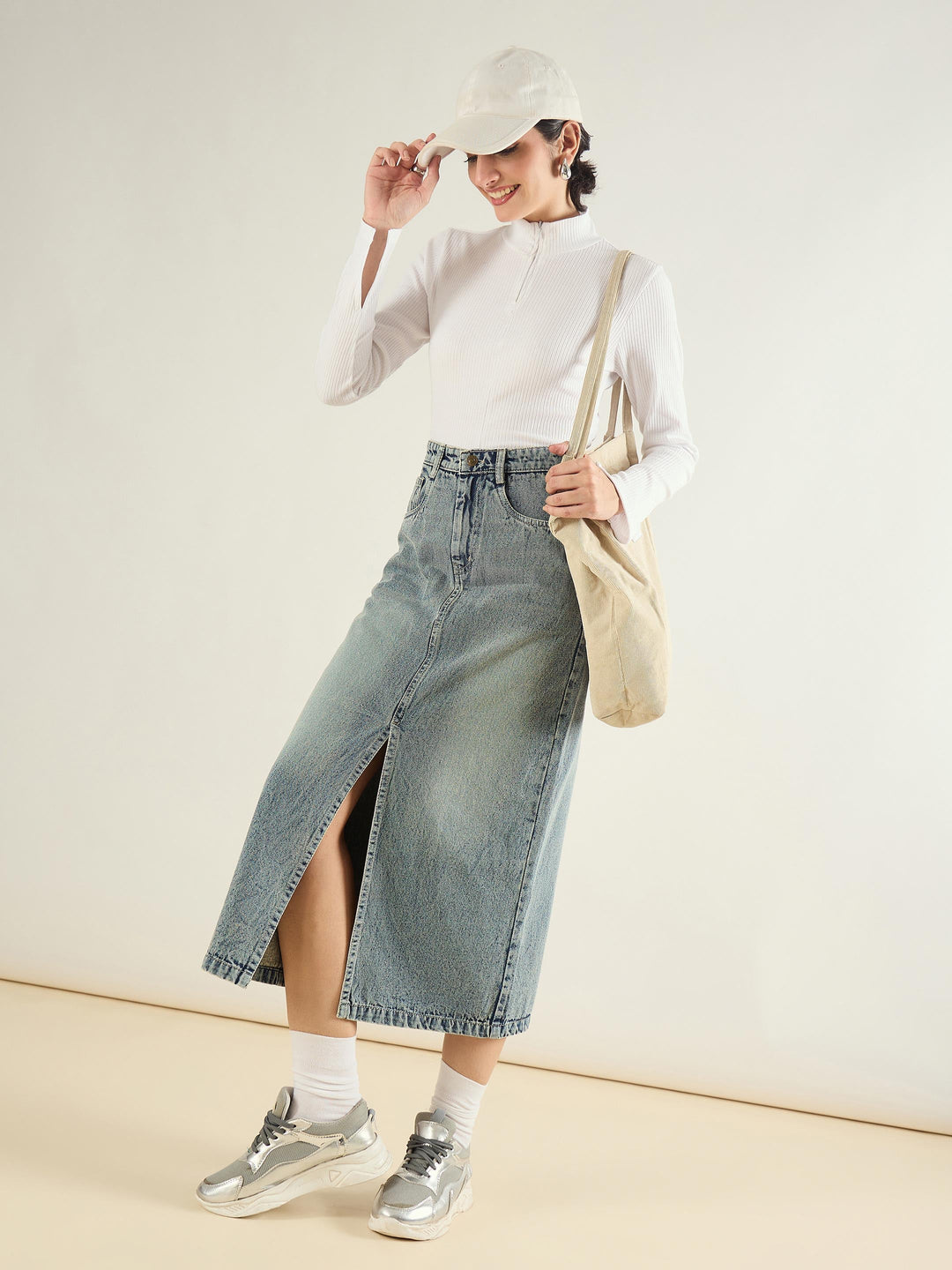 Women Faded Blue Denim Front Slit Midi Skirt