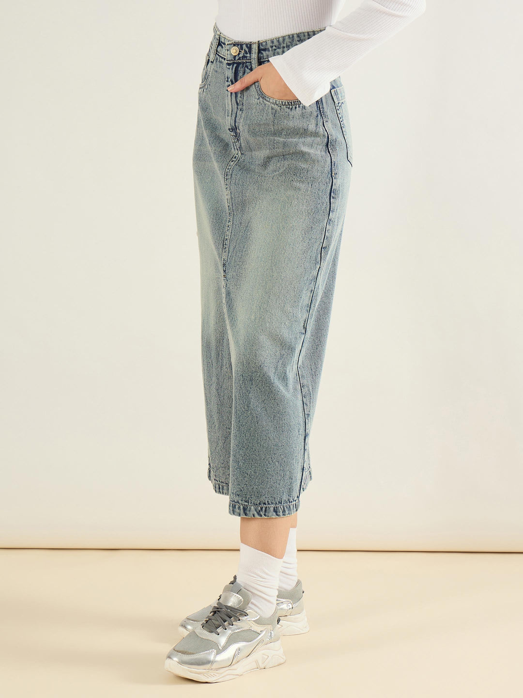 Women Faded Blue Denim Front Slit Midi Skirt
