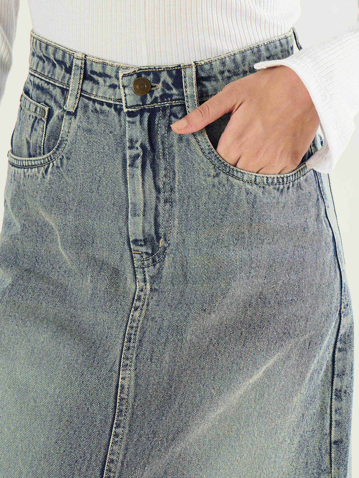 Women Faded Blue Denim Front Slit Midi Skirt