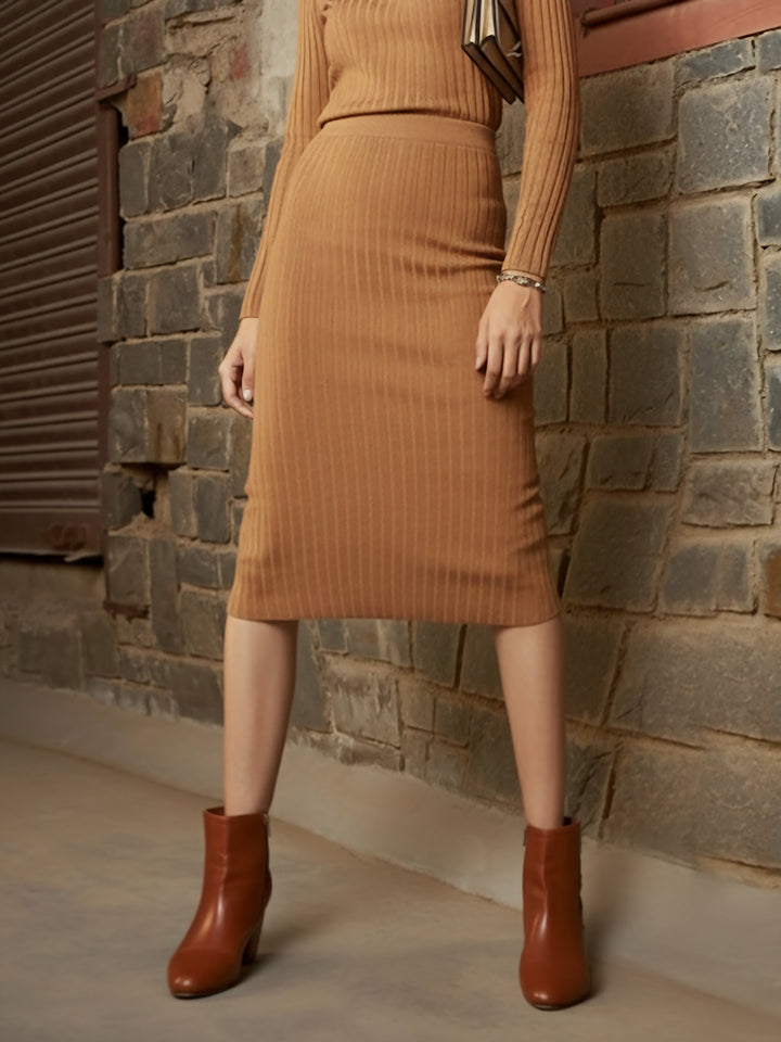Beige Rib Pencil Midi Skirt