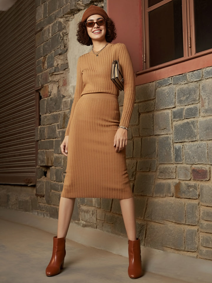 Beige Rib Pencil Midi Skirt
