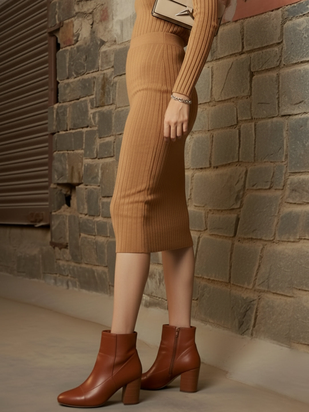 Beige Rib Pencil Midi Skirt