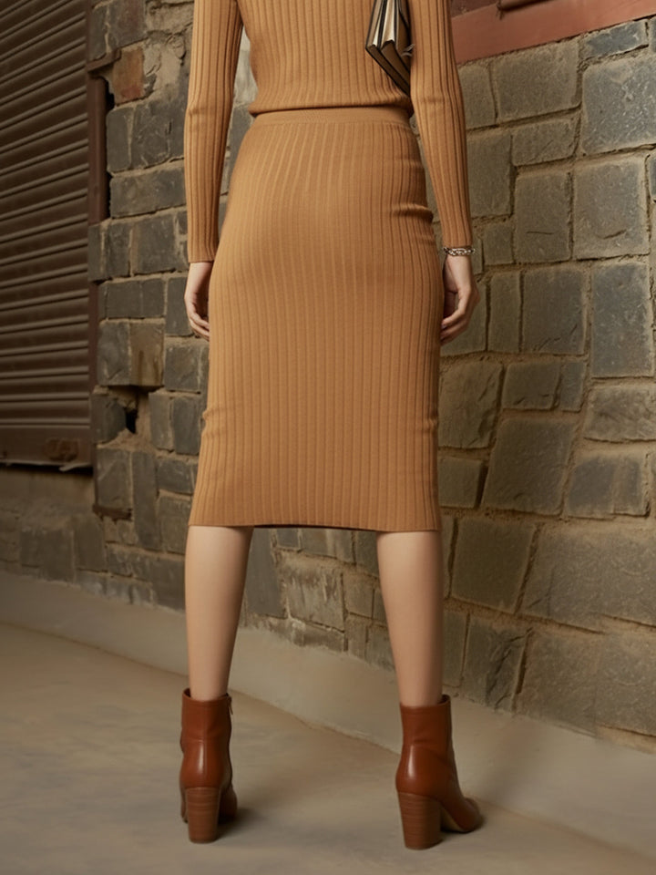 Beige Rib Pencil Midi Skirt