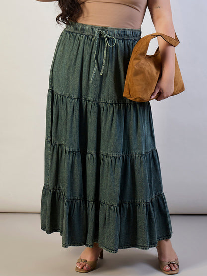 Olive Wash Tencel Front Drawstring Tiered Skirt