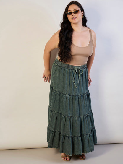 Olive Wash Tencel Front Drawstring Tiered Skirt