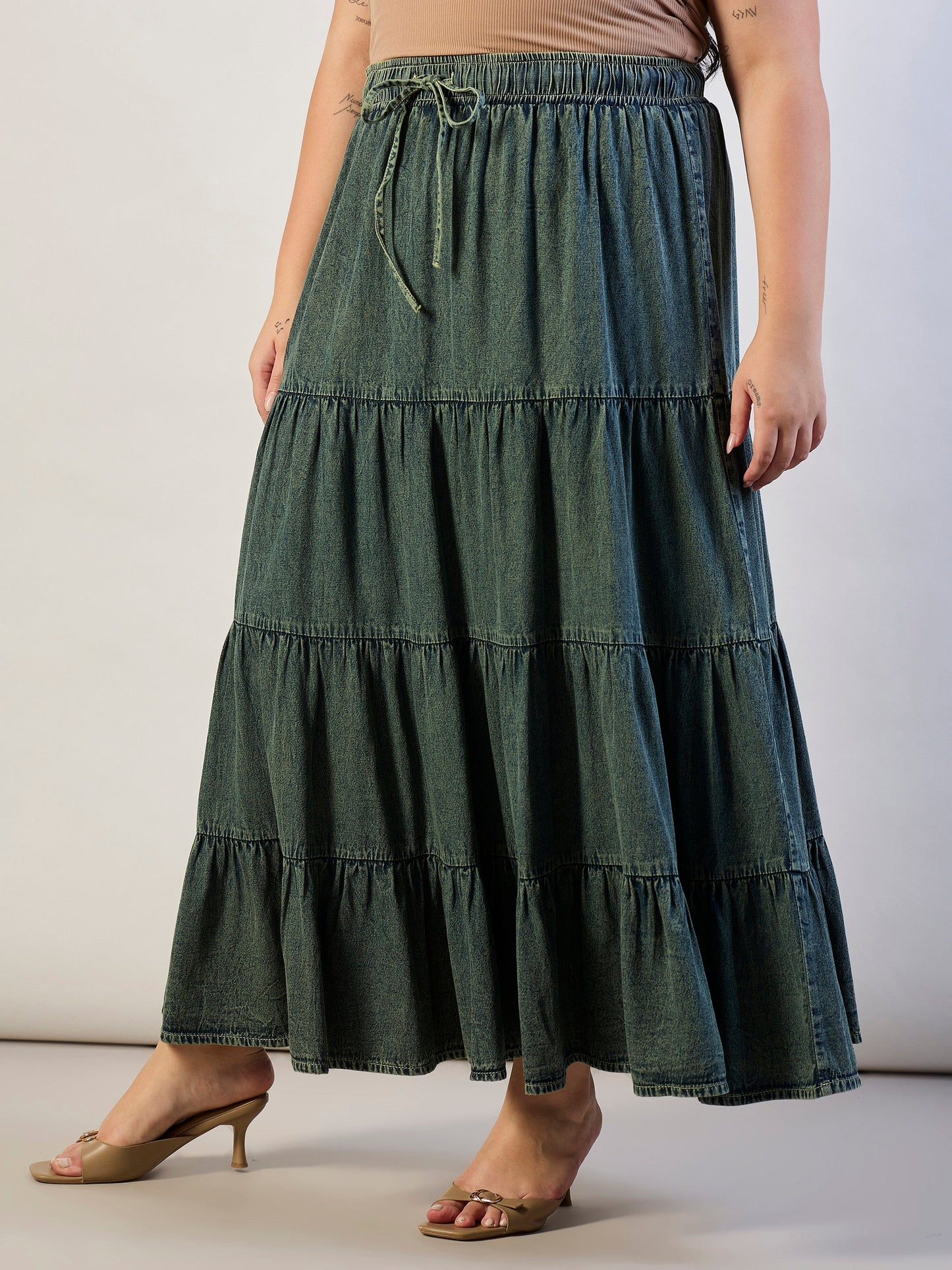 Olive Wash Tencel Front Drawstring Tiered Skirt