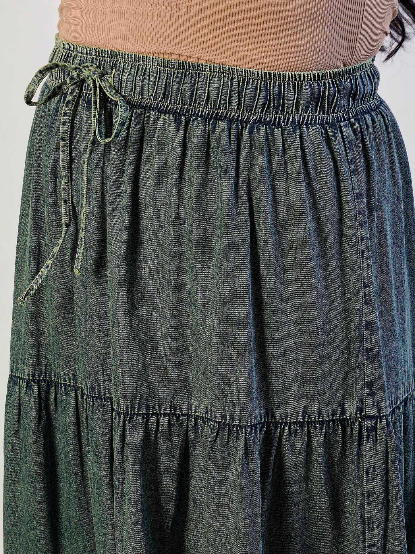 Olive Wash Tencel Front Drawstring Tiered Skirt