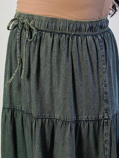 Olive Wash Tencel Front Drawstring Tiered Skirt