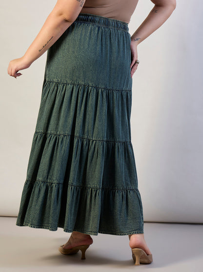 Olive Wash Tencel Front Drawstring Tiered Skirt