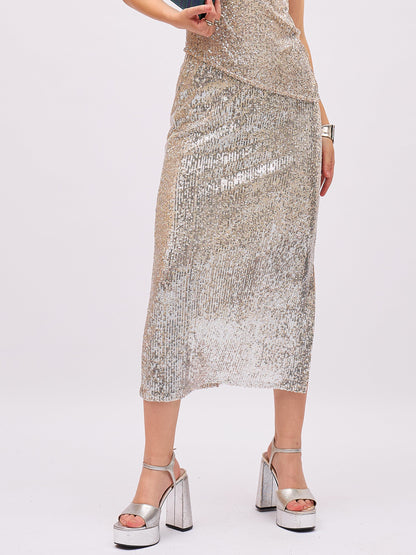 Women Silver Sequin Side Slit Pencil Skirt