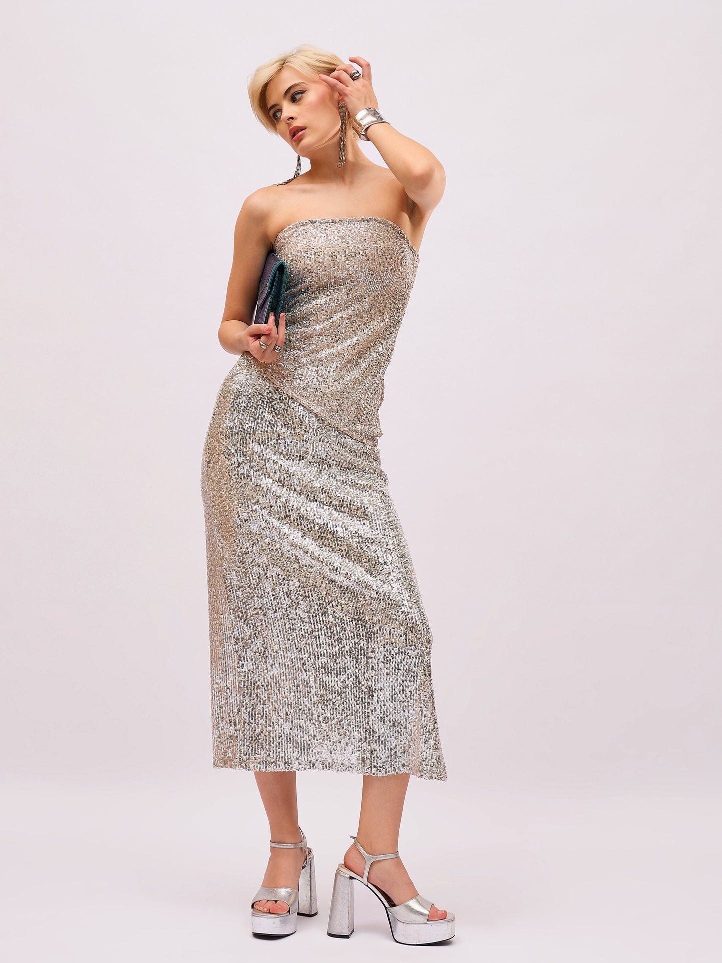 Women Silver Sequin Side Slit Pencil Skirt