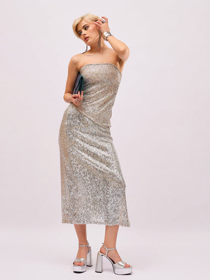 Women Silver Sequin Side Slit Pencil Skirt