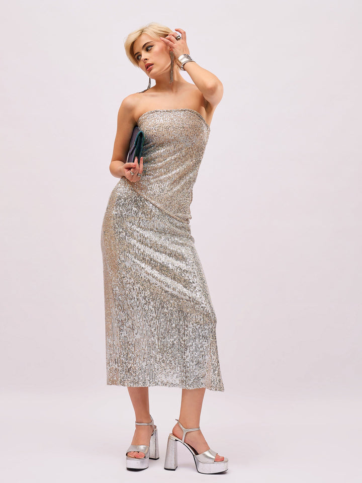 Women Silver Sequin Side Slit Pencil Skirt