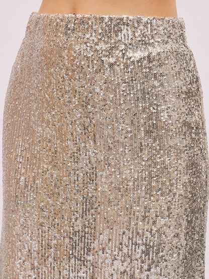 Women Silver Sequin Side Slit Pencil Skirt