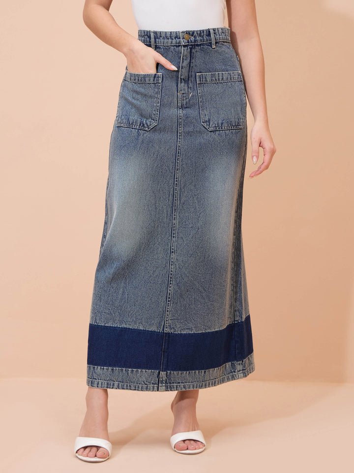Women Blue Denim Wash Front Patch Pocket Maxi Skirt