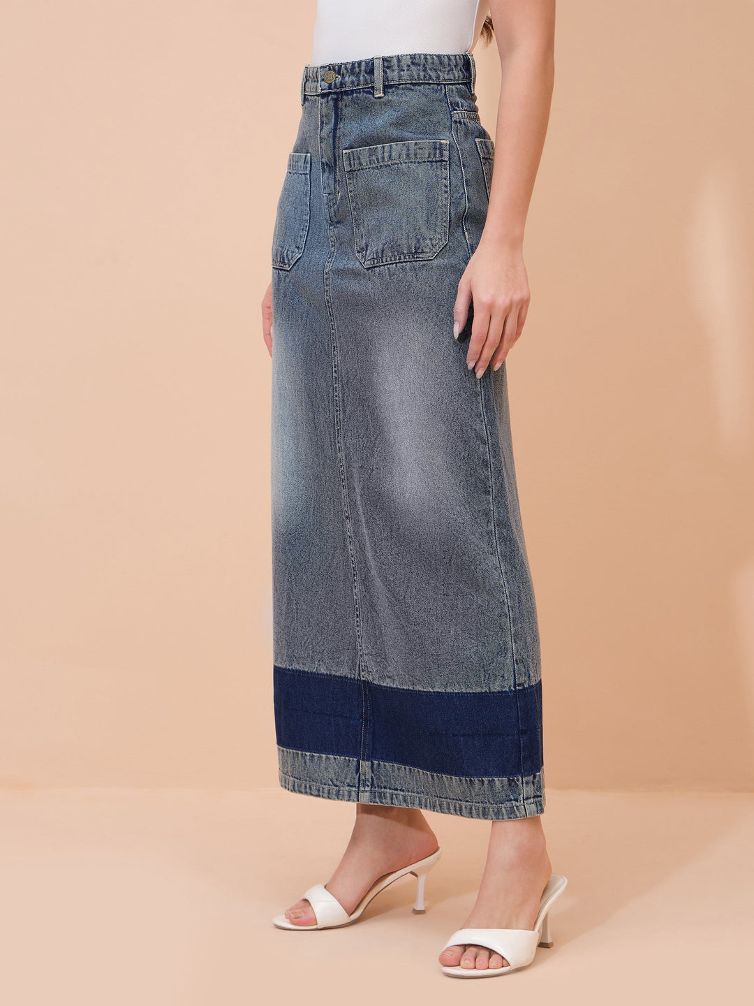 Women Blue Denim Wash Front Patch Pocket Maxi Skirt