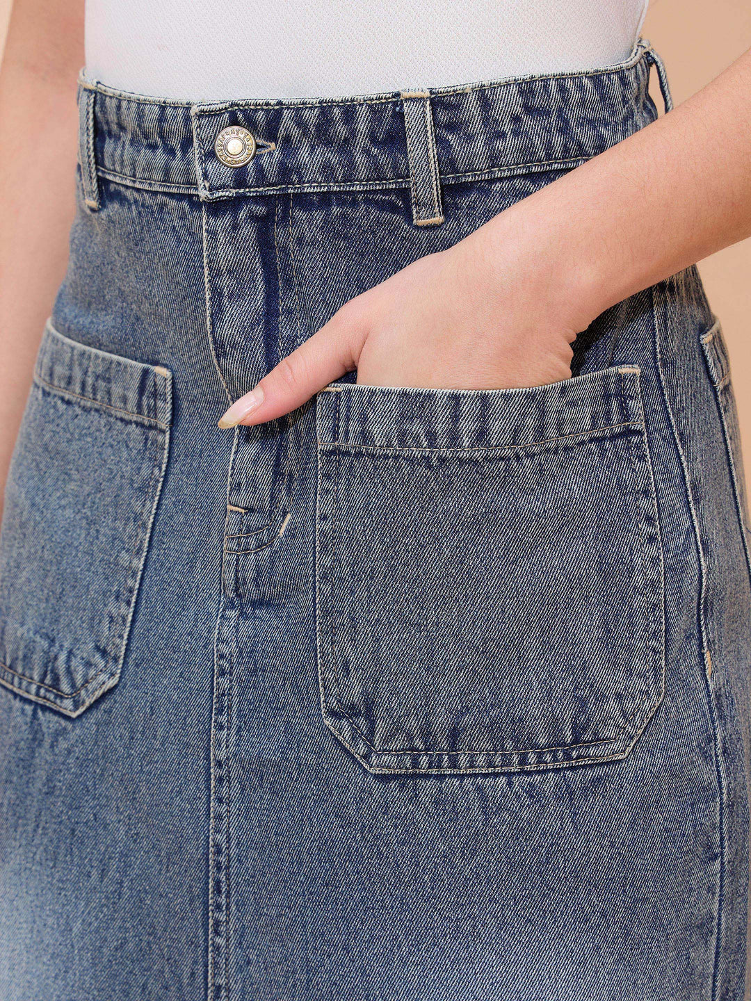 Women Blue Denim Wash Front Patch Pocket Maxi Skirt