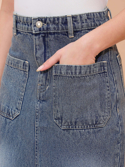 Women Blue Denim Wash Front Patch Pocket Maxi Skirt