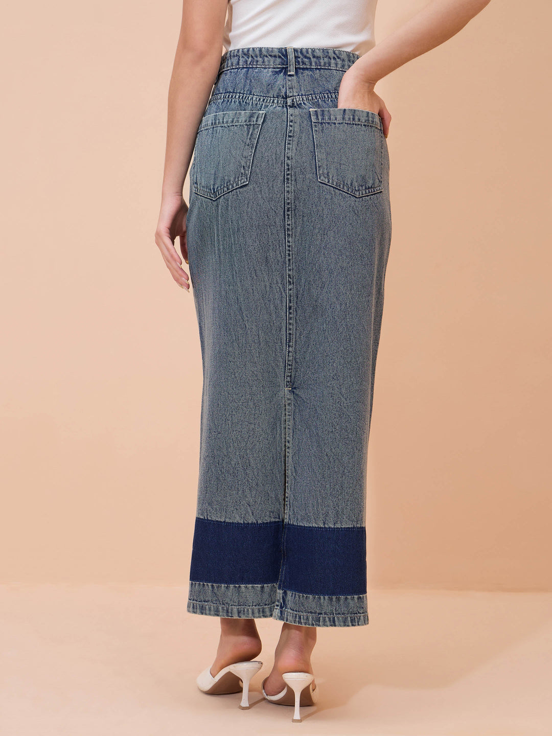 Women Blue Denim Wash Front Patch Pocket Maxi Skirt