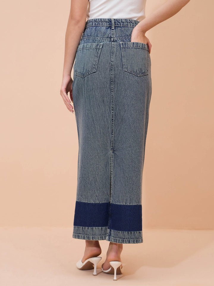 Women Blue Denim Wash Front Patch Pocket Maxi Skirt