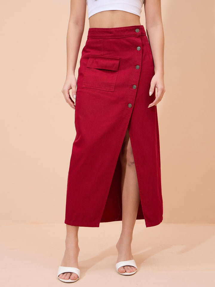 Women Red Denim Front Button Wrap Skirt