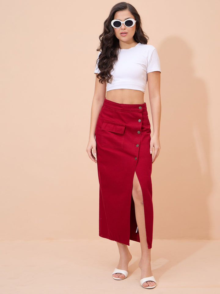 Women Red Denim Front Button Wrap Skirt