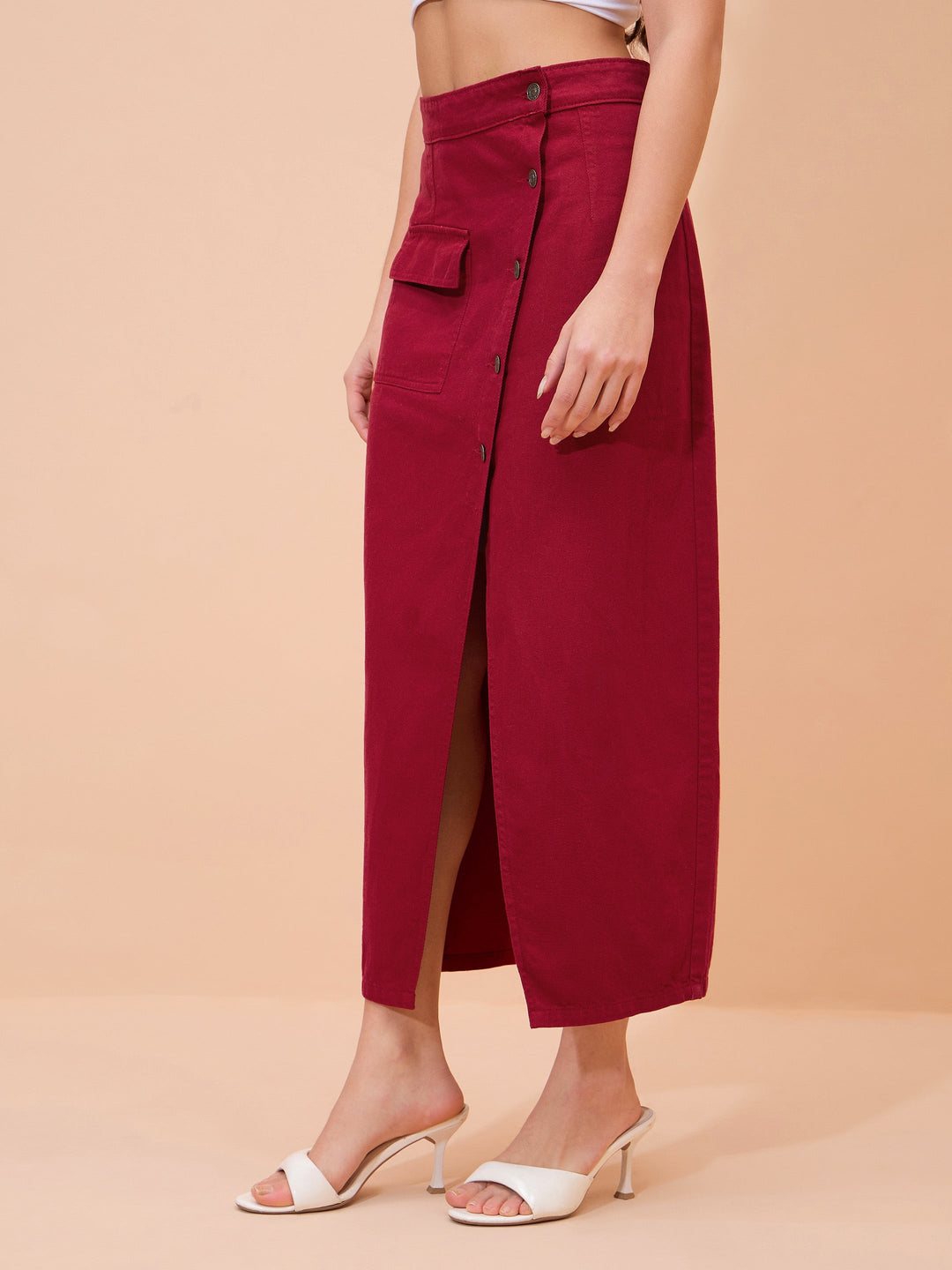 Women Red Denim Front Button Wrap Skirt