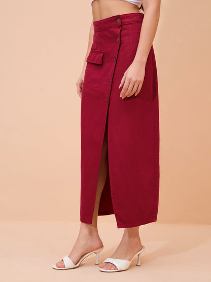 Women Red Denim Front Button Wrap Skirt