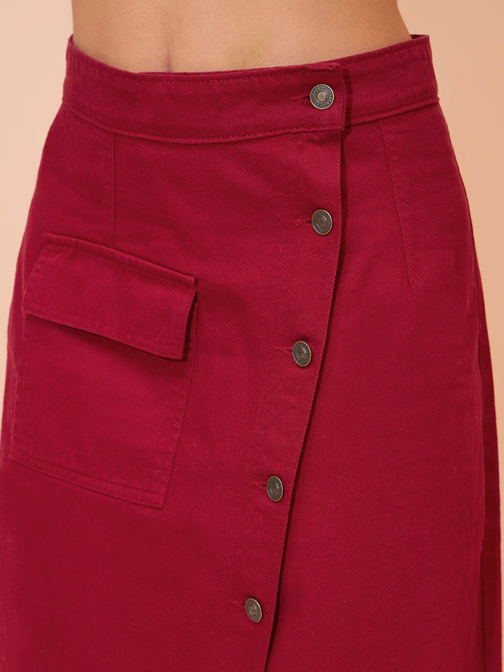 Women Red Denim Front Button Wrap Skirt