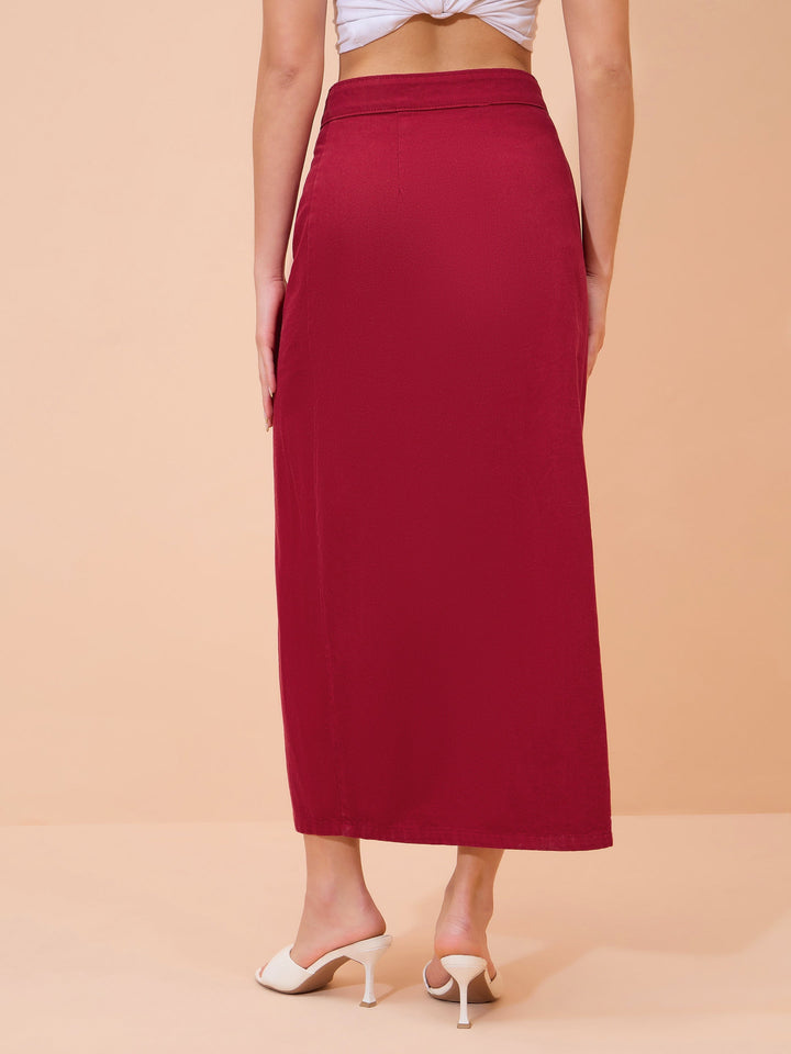 Women Red Denim Front Button Wrap Skirt