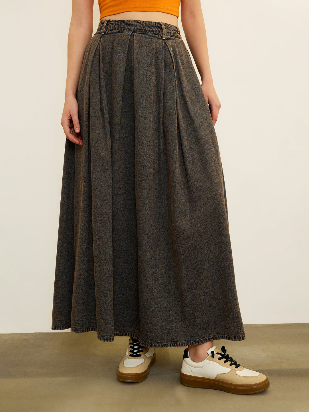 Women Black Denim Acid Wash Box Pleated Maxi Skirt