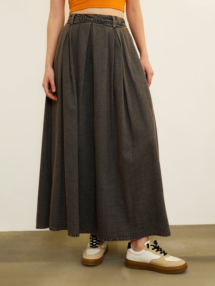 Women Black Denim Acid Wash Box Pleated Maxi Skirt