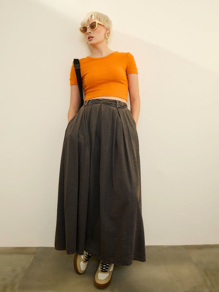 Women Black Denim Acid Wash Box Pleated Maxi Skirt