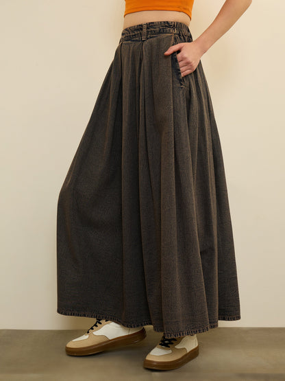Women Black Denim Acid Wash Box Pleated Maxi Skirt