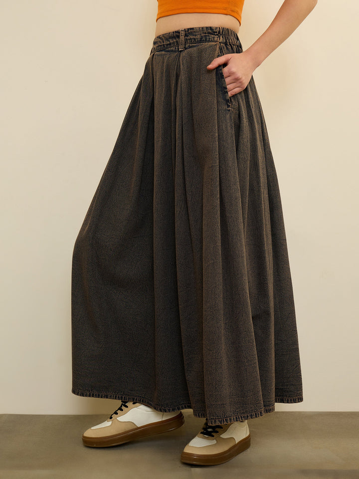 Women Black Denim Acid Wash Box Pleated Maxi Skirt
