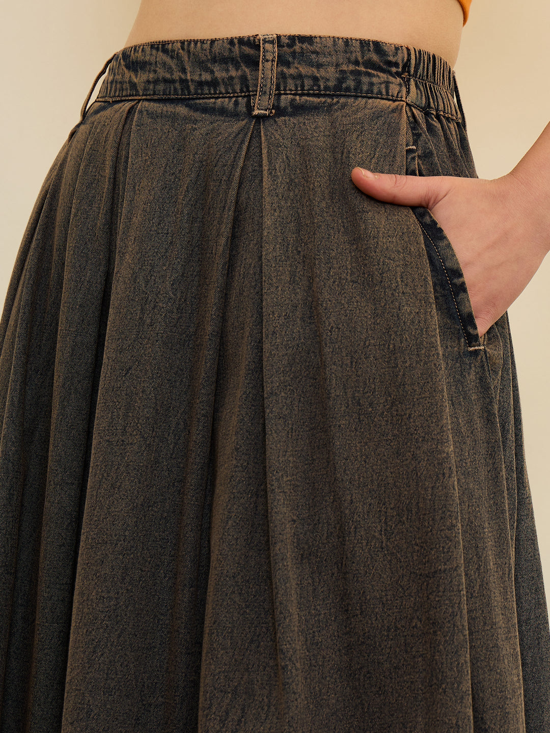 Women Black Denim Acid Wash Box Pleated Maxi Skirt