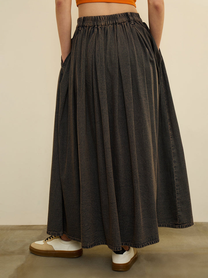 Women Black Denim Acid Wash Box Pleated Maxi Skirt