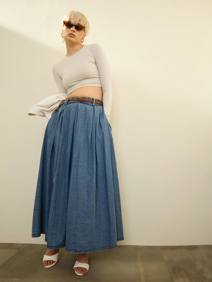 Women Blue Denim Acid Wash Box Pleated Maxi Skirt