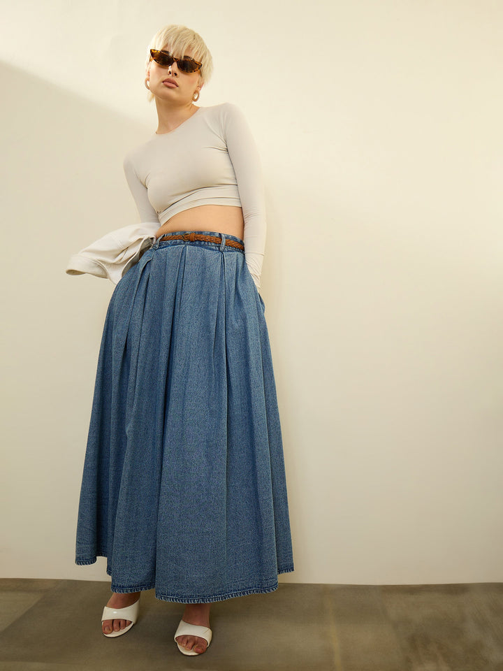 Women Blue Denim Acid Wash Box Pleated Maxi Skirt
