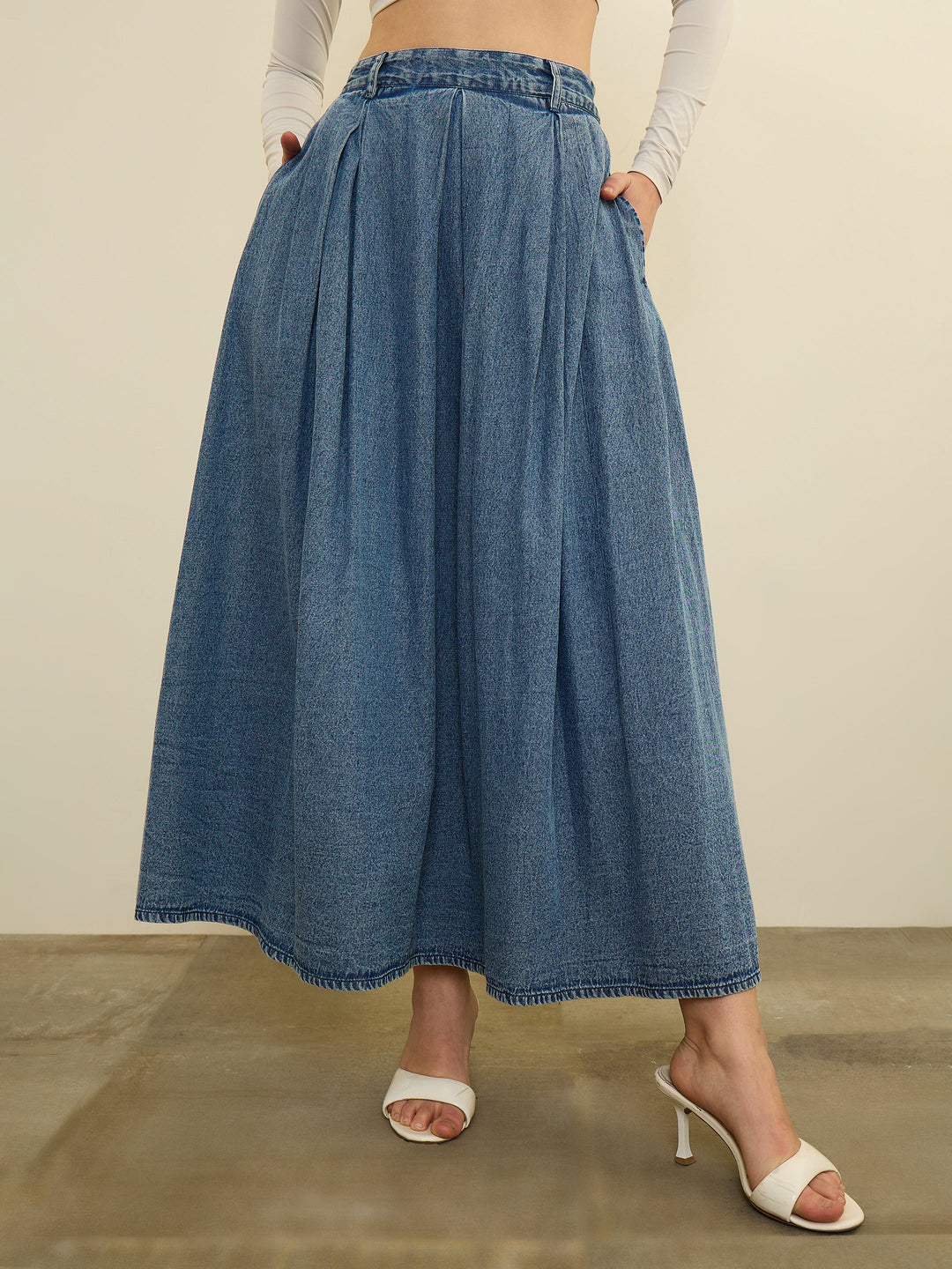Women Blue Denim Acid Wash Box Pleated Maxi Skirt