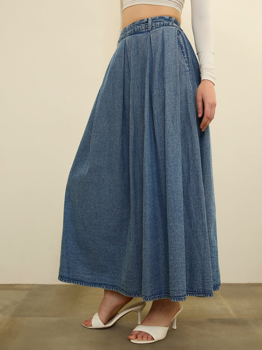 Women Blue Denim Acid Wash Box Pleated Maxi Skirt