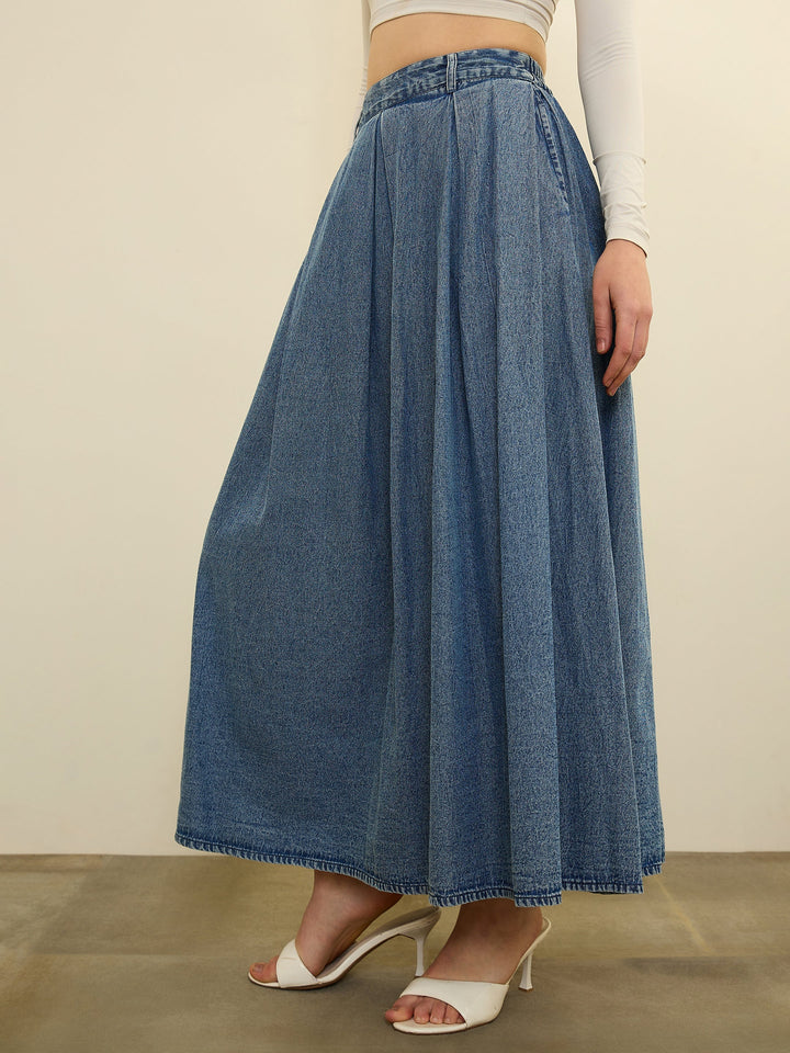 Women Blue Denim Acid Wash Box Pleated Maxi Skirt