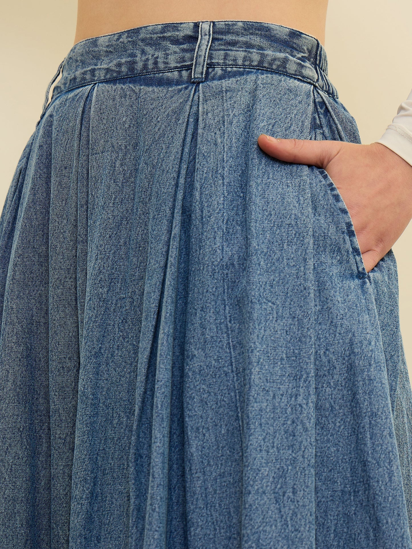 Women Blue Denim Acid Wash Box Pleated Maxi Skirt