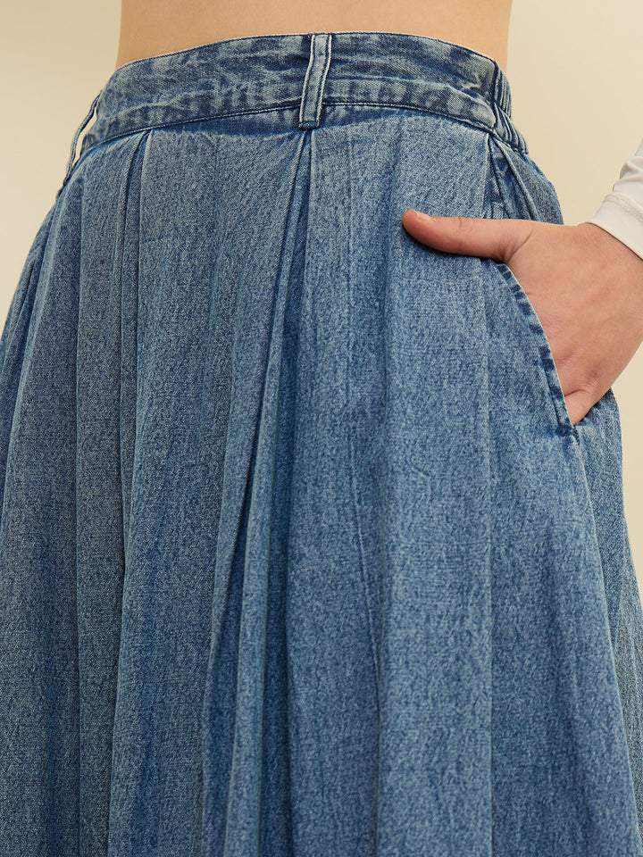 Women Blue Denim Acid Wash Box Pleated Maxi Skirt