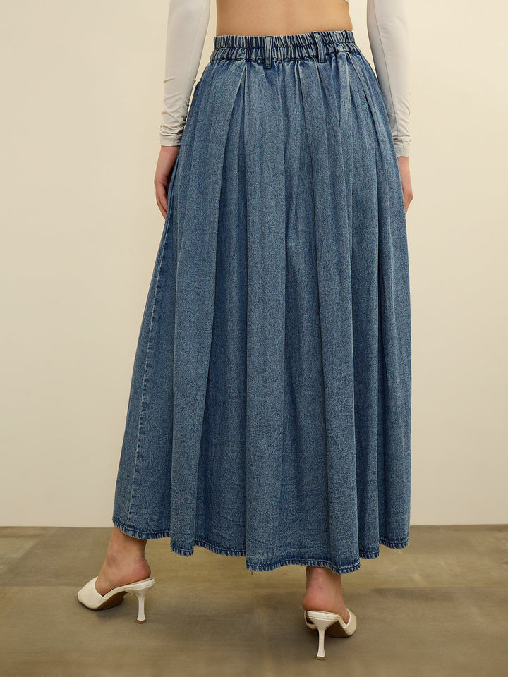 Women Blue Denim Acid Wash Box Pleated Maxi Skirt