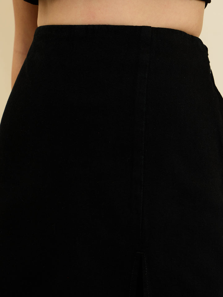 Women Black Denim Front Slit Skorts