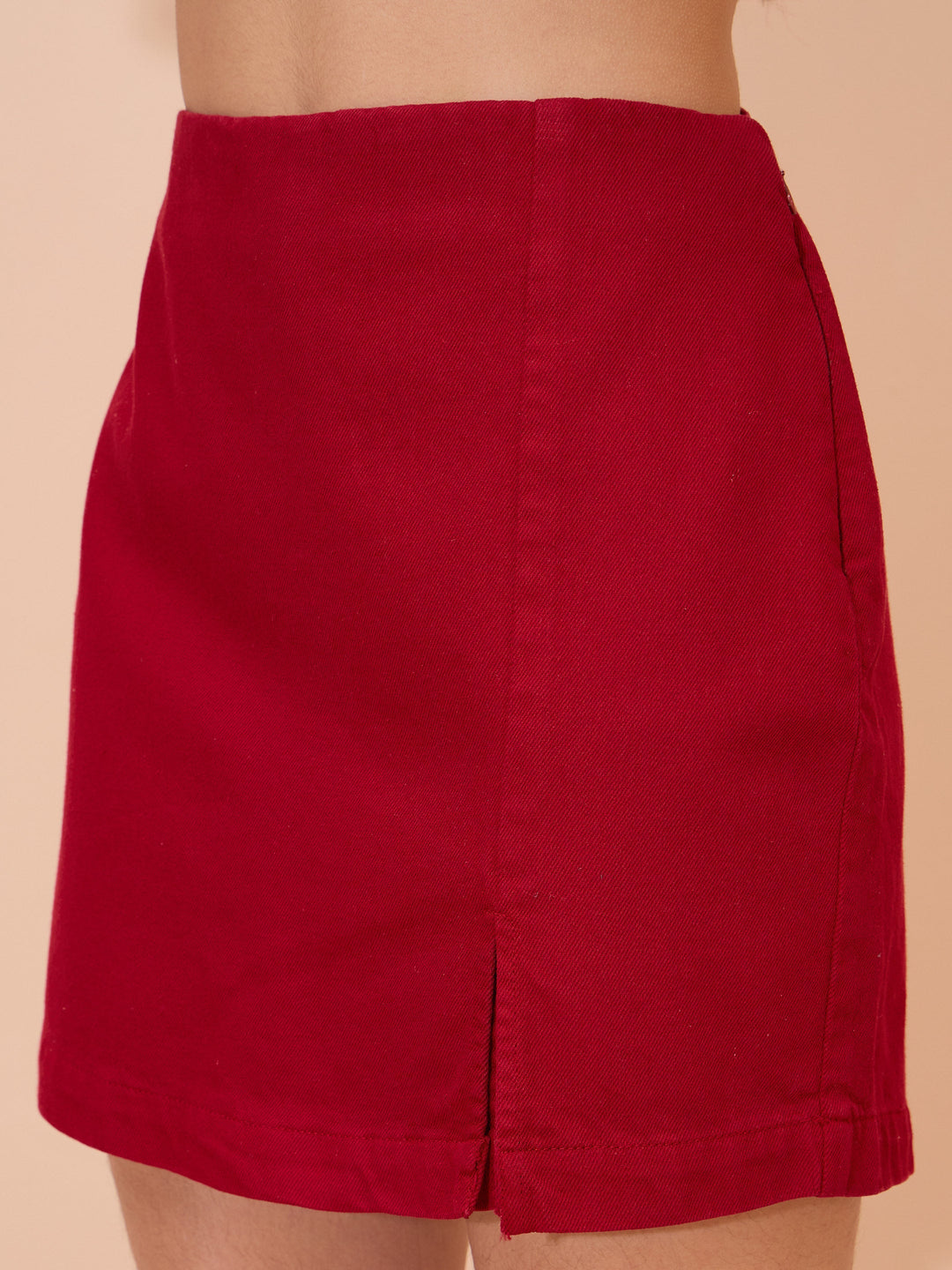 Women Red Denim Front Slit Skorts