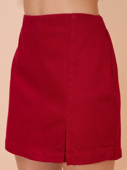 Women Red Denim Front Slit Skorts