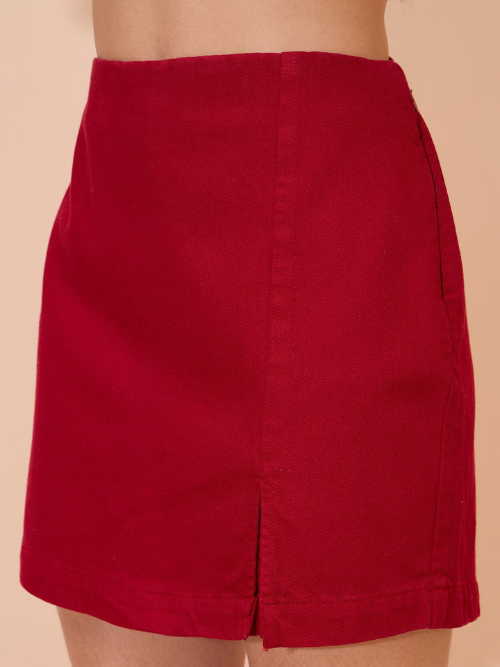 Women Red Denim Front Slit Skorts